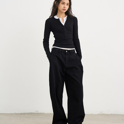 7AM10PM 黑白气质显瘦套装女 2025新款长袖打底衫t恤叠穿真两件套