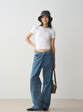 7AM10PM 个性斜门襟牛仔裤女 2024新款宽松款阔腿裤休闲直筒长裤