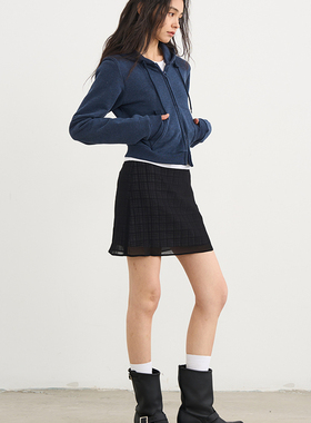 7AM10PM小众设计感黑色格纹皱感小短裙  气质显高显瘦A字半身裙