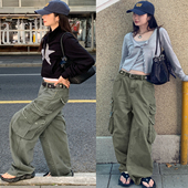 绿色纯棉暗纹百搭休闲长裤 7AM10PM个性 女 九分裤 潮 多口袋磨破工装