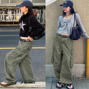 绿色纯棉暗纹百搭休闲长裤 7AM10PM个性 女 九分裤 潮 多口袋磨破工装