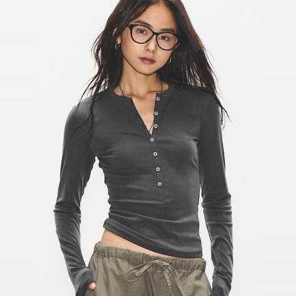 7AM10PM 灰色简约修身长袖上衣女 半开领百搭纯色打底衫紧身T恤