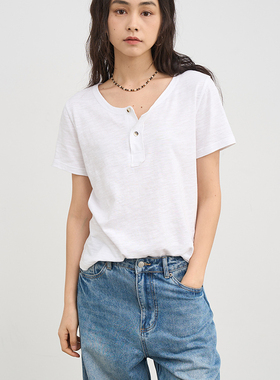 7AM10PM设计感白色门襟领外翻短袖 全棉竹节纹理夏季薄款上衣t恤