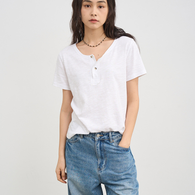 全棉竹节纹理白色门襟领外翻短袖