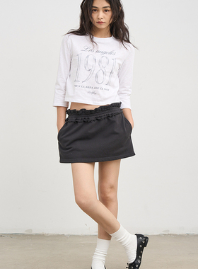 7AM10PM 小众毛边腰头设计短裙女 灰色重工全棉休闲短裙 显高显瘦