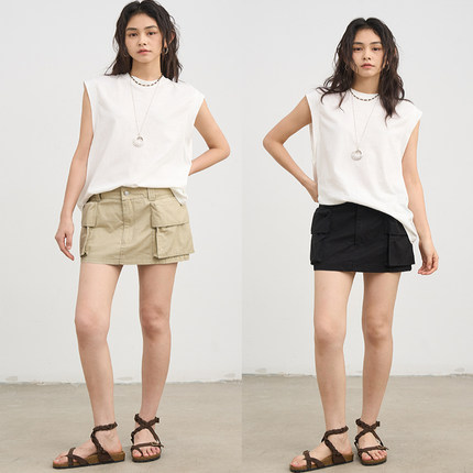 7AM10PM 重工风琴袋棉短裙女 百搭显高显瘦黑色浅卡其休闲短裙