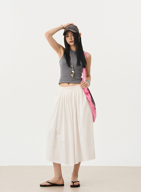 7AM10PM 设计感白色蓬蓬裙女 2024新款显瘦中长款半身裙A字伞裙