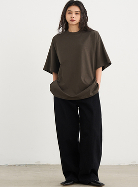 7AM10PM 棕绿色廓形长款T恤女 2025新款纯色简约宽松短袖上衣纯棉