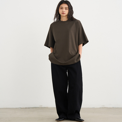 7AM10PM 棕绿色廓形长款T恤女 2025新款纯色简约宽松短袖上衣纯棉