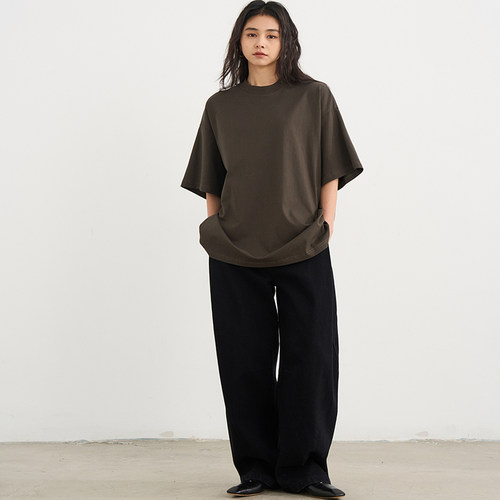 7AM10PM 棕绿色廓形长款T恤女 2025新款纯色简约宽松短袖上衣纯棉
