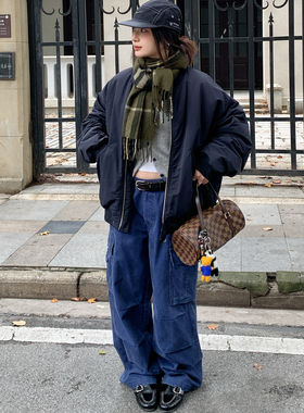 7AM10PM  复古藏青色棒球棉服女 百搭宽松保暖棉衣 秋冬夹克棉服