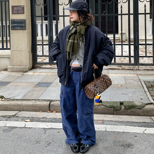 7AM10PM 复古藏青色棒球棉服女 百搭宽松保暖棉衣 秋冬夹克棉服