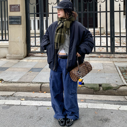 7AM10PM  复古藏青色棒球棉服女 百搭宽松保暖棉衣 秋冬夹克棉服