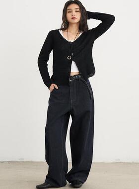 7AM10PM复古时髦深蓝色牛仔裤 2025新款重工明线宽松直筒拖地长裤