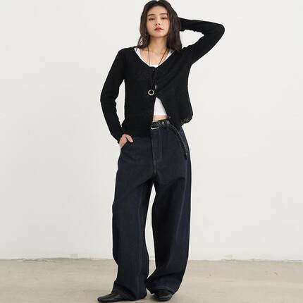 7AM10PM复古时髦深蓝色牛仔裤 2025新款重工明线宽松直筒拖地长裤