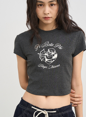 7AM10PM 深灰色丘比特印花短款T恤女 复古百搭高弹柔软短袖上衣女