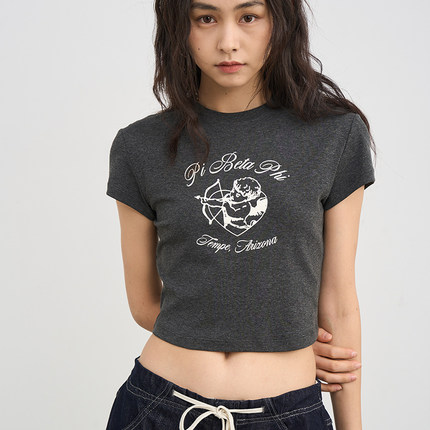 7AM10PM 深灰色丘比特印花短款T恤女 复古百搭高弹柔软短袖上衣女