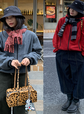 7AM10PM 百搭宽松红色撞色摇粒绒外套 灰色双拉链开衫连帽卫衣女