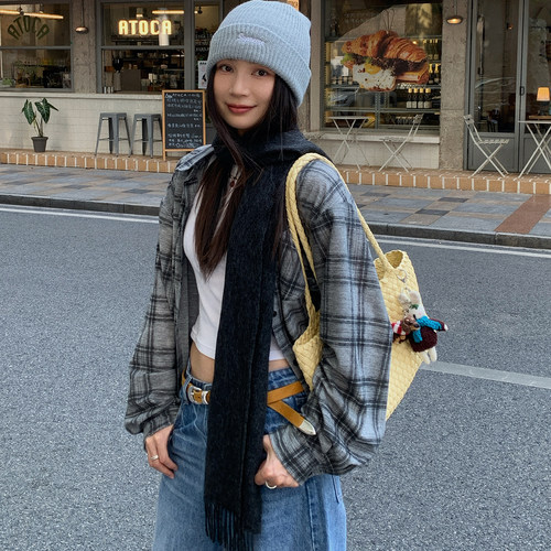 百搭宽松灰黑格针织衬衣长袖衬衫