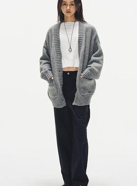 7AM10PM 慵懒风针织外套 灰色重工开衫毛衣女秋冬中长款宽松外套