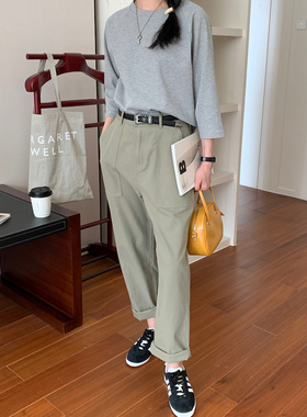 7AM10PM 灰绿色100棉工装裤女直筒2023新款百搭阔腿休闲高腰裤子