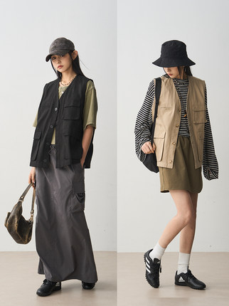 7AM10PM 双色工装马甲女 休闲多口袋春夏新款宽松100棉无袖外套