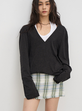 7AM10PM 精纺天丝垂顺慵懒真两件 宽松黑灰大V领防晒长袖+白背心