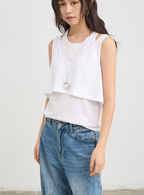 7AM10PM亲肤全棉白色挂脖真两件背心清凉微透无袖T恤长短背心叠穿