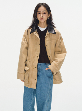 7AM10PM 重工拼皮领棉外套女 韩版宽松棉服大衣 黄色工装夹棉风衣