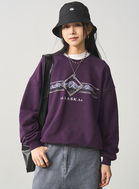 7AM10PM 美式复古字母印花圆领卫衣女 新款紫色宽松百搭套头上衣