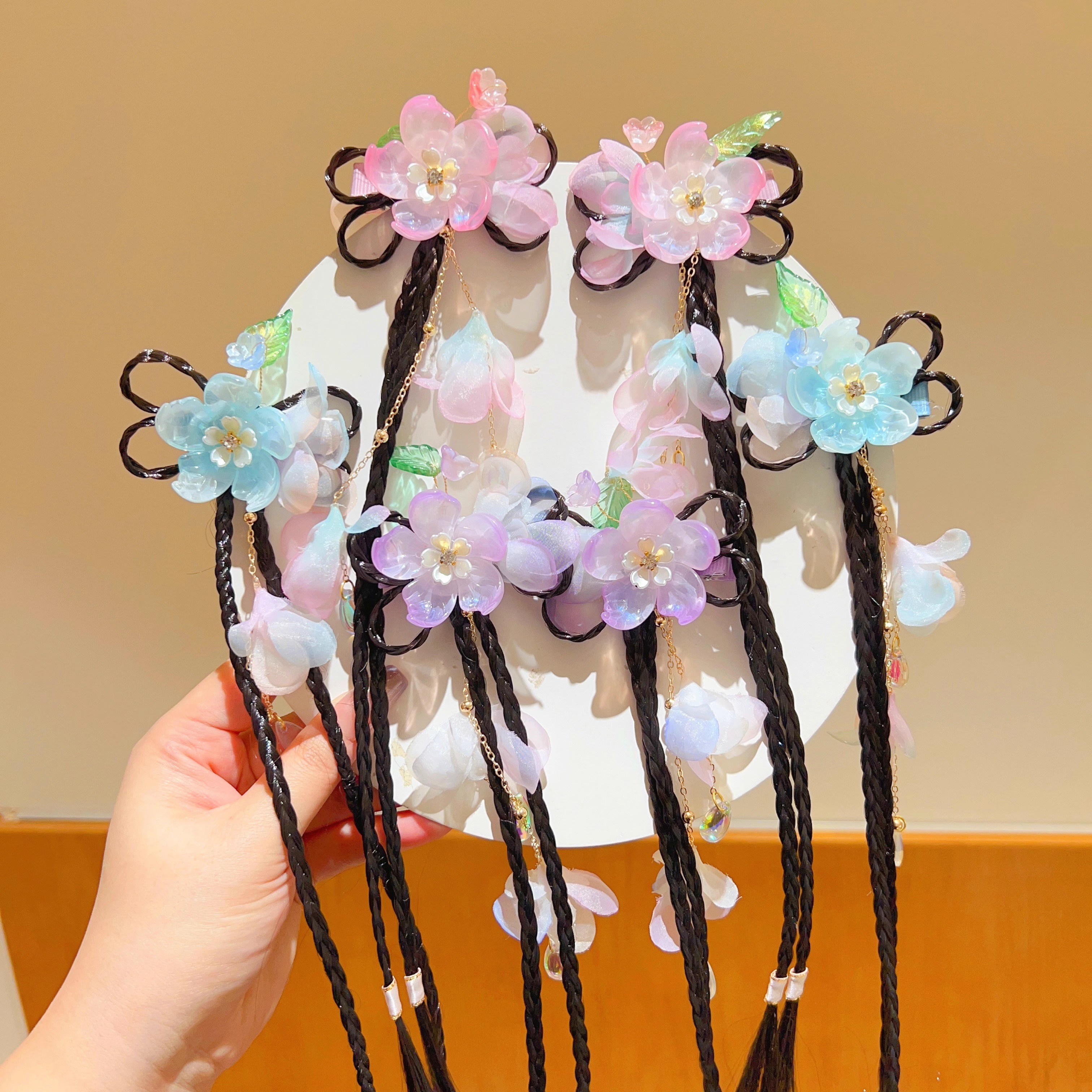 女童汉服花朵假发辫发夹