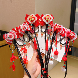 2026新中式红色流苏发夹儿童新春假发辫子发带小女孩可爱新年发饰