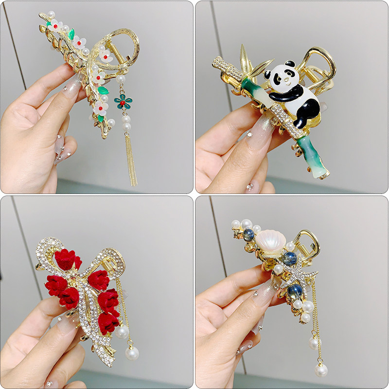 新中式女士抓夹鲨鱼夹麦穗发夹女2024新款熊猫竹节中号后脑勺抓夹