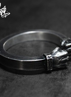 A鸦原创手工力量之拳头对口平打925纯银男女款暗黑先锋非高桥手镯