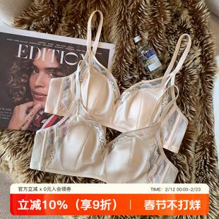 缎面复古蕾丝内衣女大胸显小桑蚕丝透气薄款软钢圈兔耳朵杯文胸罩