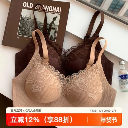 蕾丝螺纹无痕内衣女性感小胸聚拢果冻条软支撑收副乳防下垂文胸罩
