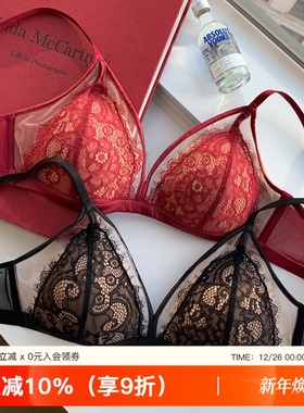 提未苏法式薄款蕾丝三角杯红色内衣女小胸聚拢结婚本命年文胸套装
