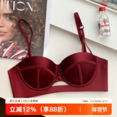 法式 红色复古内衣女秋冬本命年结婚无肩带小胸聚拢显大酒红文胸罩