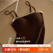 法式 秋冬磨毛保暖蕾丝吊带美背女带胸垫显瘦美背外穿内搭打底上衣