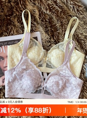 法式蕾丝薄款水晶杯大胸显小内衣女显瘦无钢圈收副乳兔耳朵杯文胸