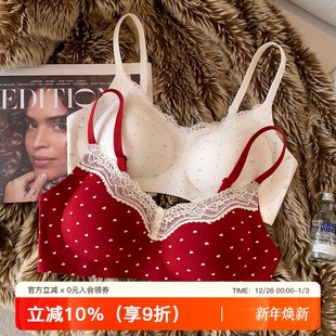 无痕碎花蕾丝红色本命年结婚内衣女小胸聚拢纯棉收副乳防下垂文胸