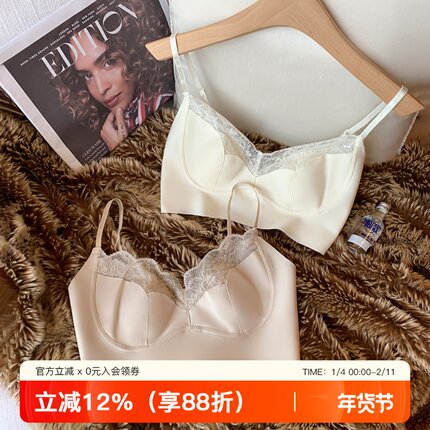 法式美背蕾丝性感内衣女薄款兔耳朵吊带抹胸大胸显小胸收副乳文胸