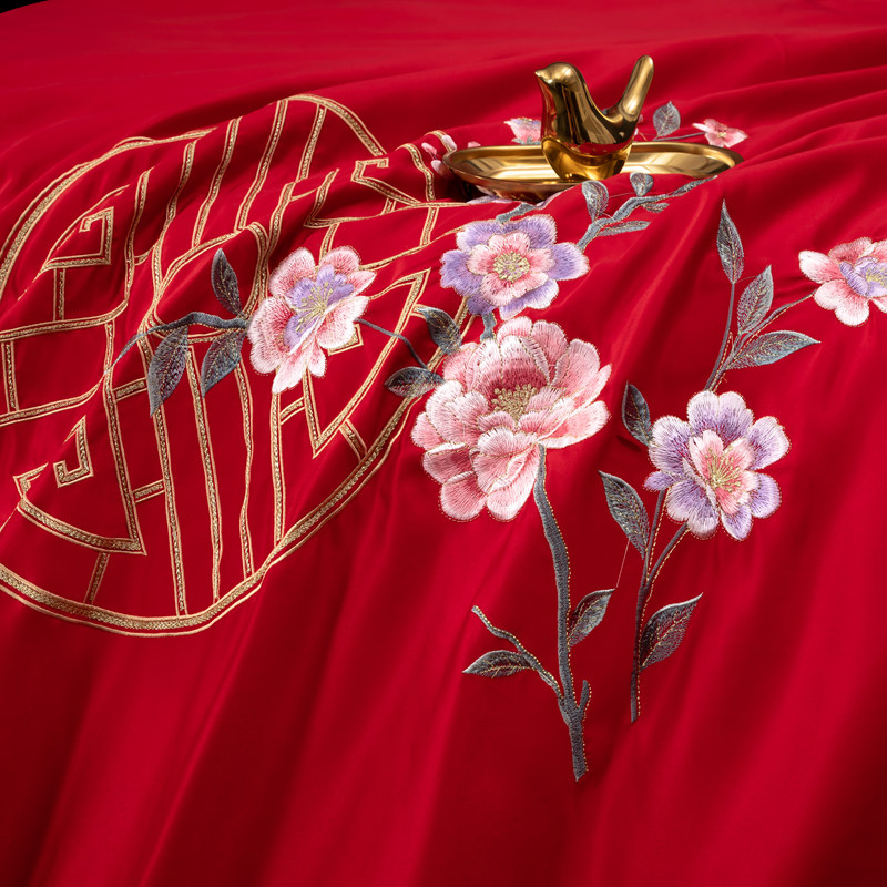 CHINESE WEDDING BEDDING COTTON JET COTTON LONG-STAPLE COTTON EMBROIDERY FOUR-PIECE WEDDING RED QUILT COVER BED SHEETS