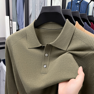 含【桑蚕丝+山羊绒】16针可机洗薄款丝羊绒毛衣男翻领针织T恤衫秋