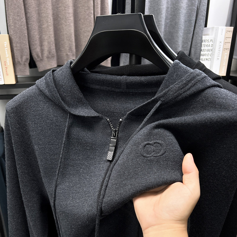 高端【100%精纺羊毛】405克中厚拉链连帽羊毛衫开衫外套男毛衣