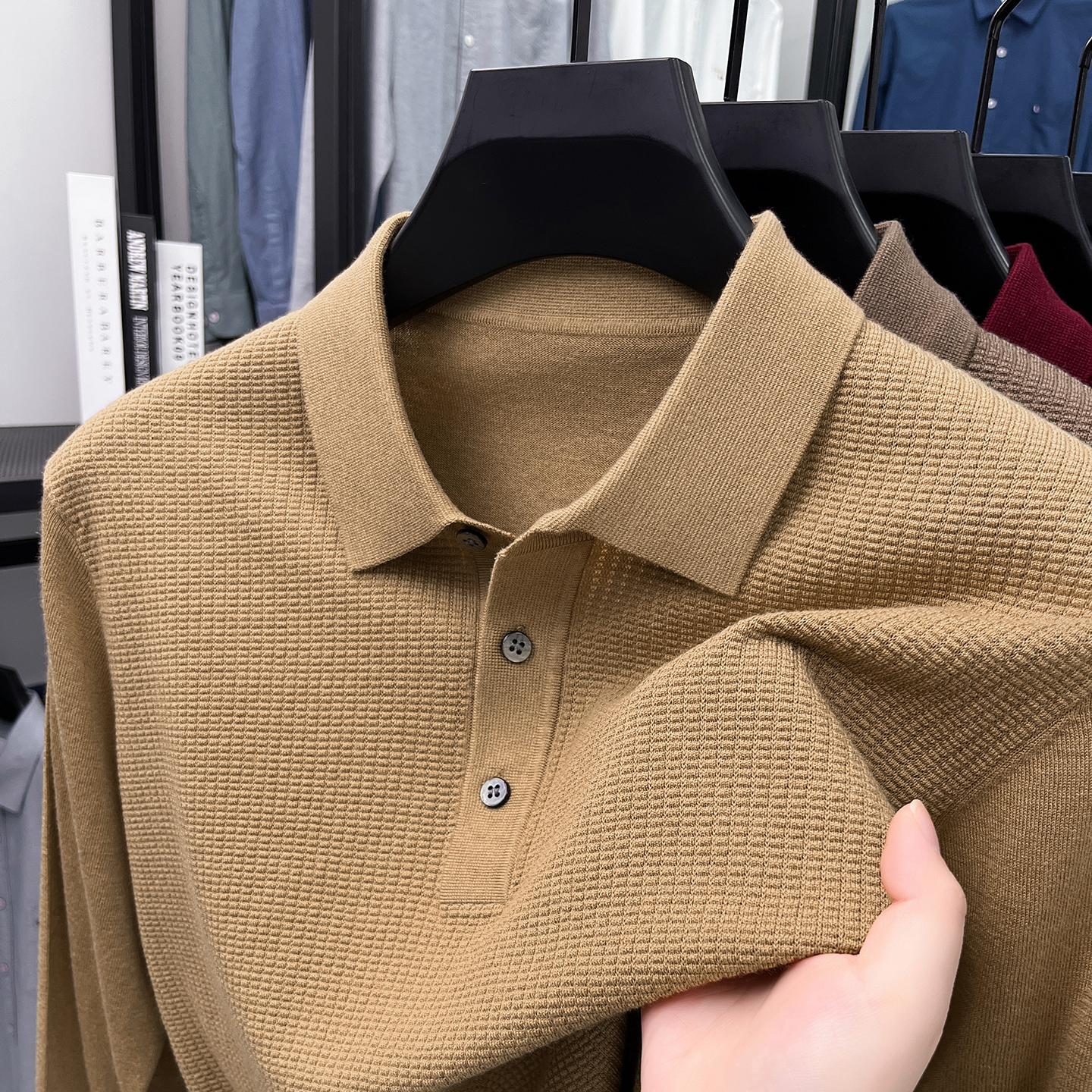 含【桑蚕丝+山羊绒】16针华夫格可机洗薄款毛衣男翻领针织T恤衫秋