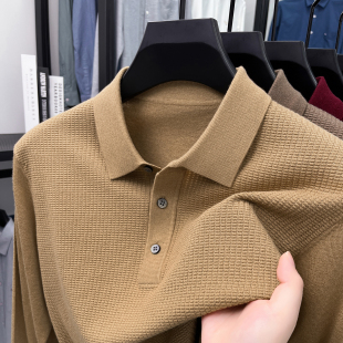 含【桑蚕丝+山羊绒】16针华夫格可机洗薄款毛衣男翻领针织T恤衫秋