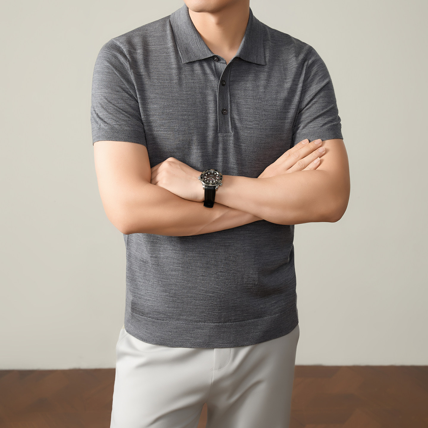 【直径仅13μm】春可机洗16针精纺薄款短袖POLO领美丽诺羊毛衫男