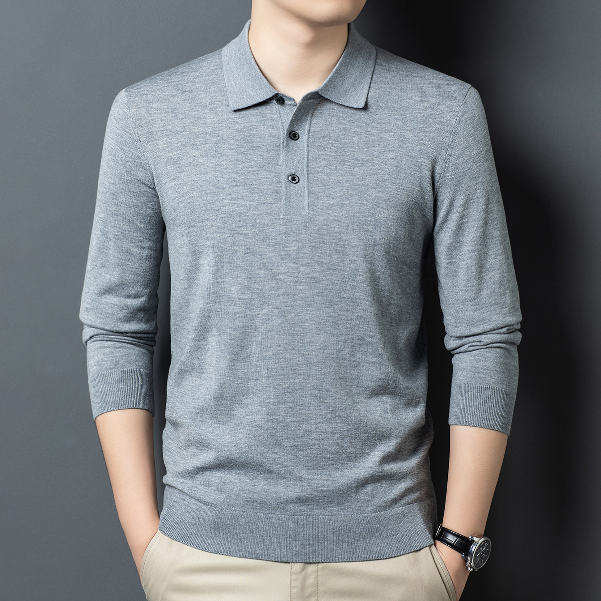含【桑蚕丝+山羊绒】秋季16针可机洗薄丝羊绒毛衣男翻领针织T恤衫
