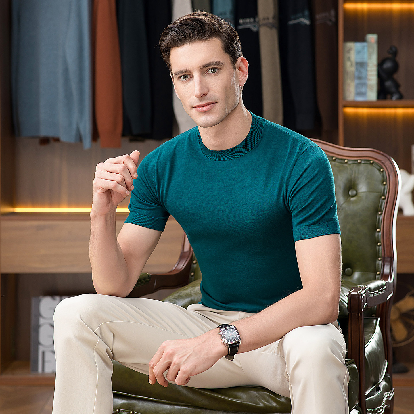 【100%澳洲美丽诺极细羊毛】16针100支精纺薄款短袖羊毛衫男毛衣